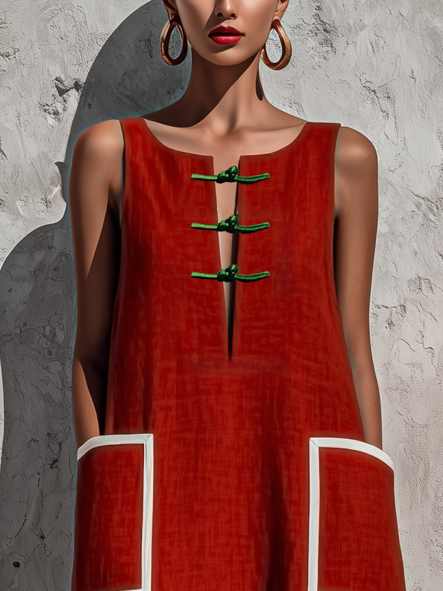 Vestido Midi com Bolso e Piping Vermelho