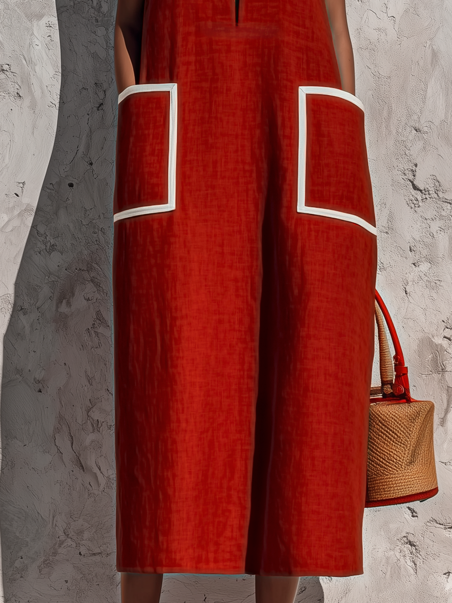 Vestido Midi com Bolso e Piping Vermelho