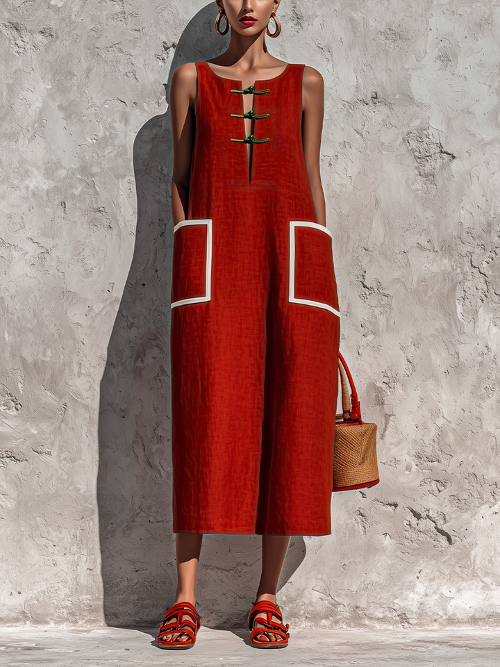 Vestido Midi com Bolso e Piping Vermelho