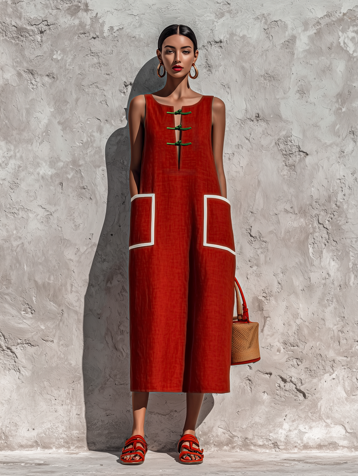 Vestido Midi com Bolso e Piping Vermelho
