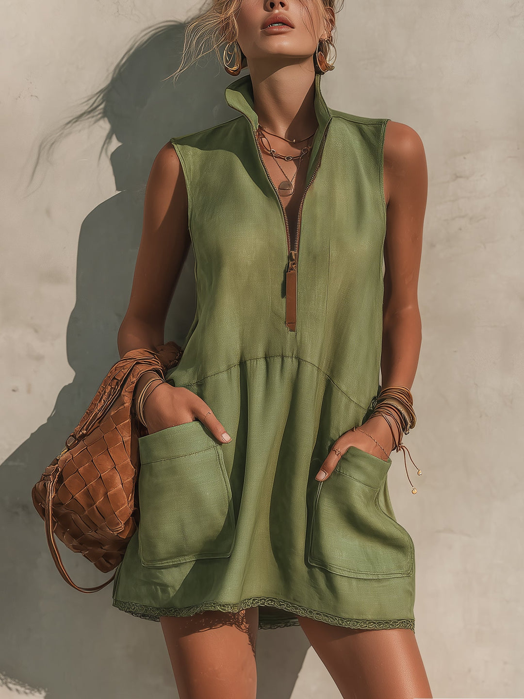 Vestido Mini de Linho com Meio Zíper
