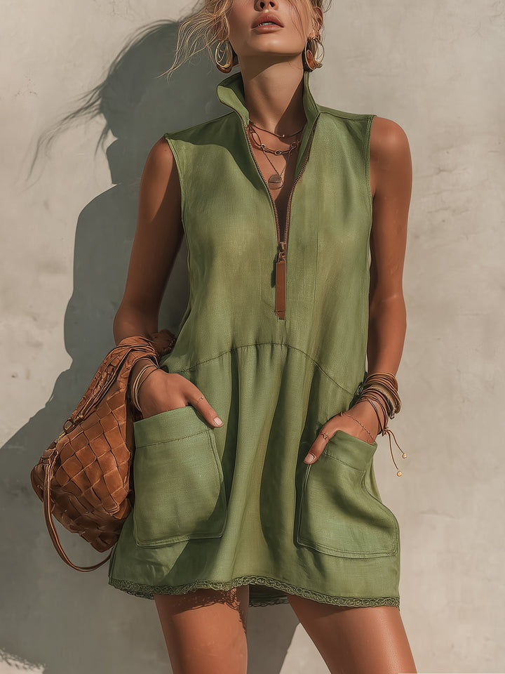 Vestido Mini de Linho com Meio Zíper