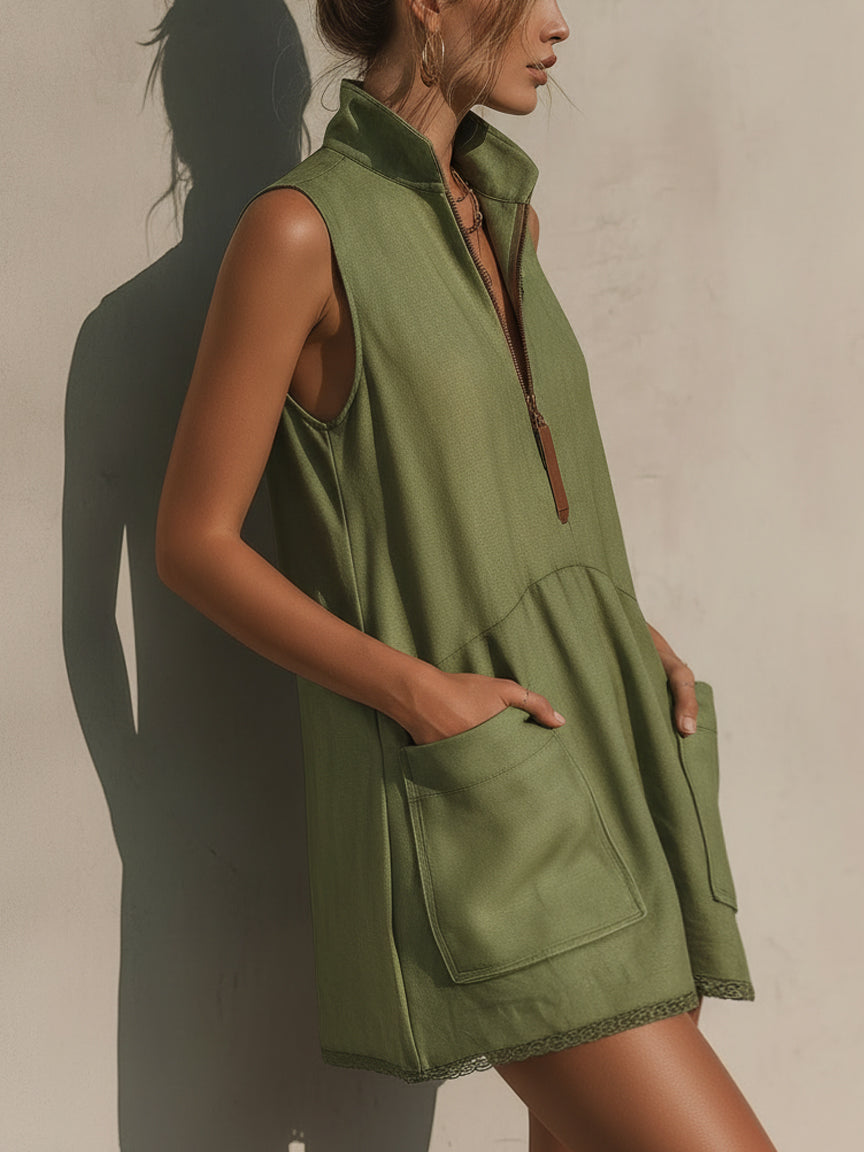 Vestido Mini de Linho com Meio Zíper