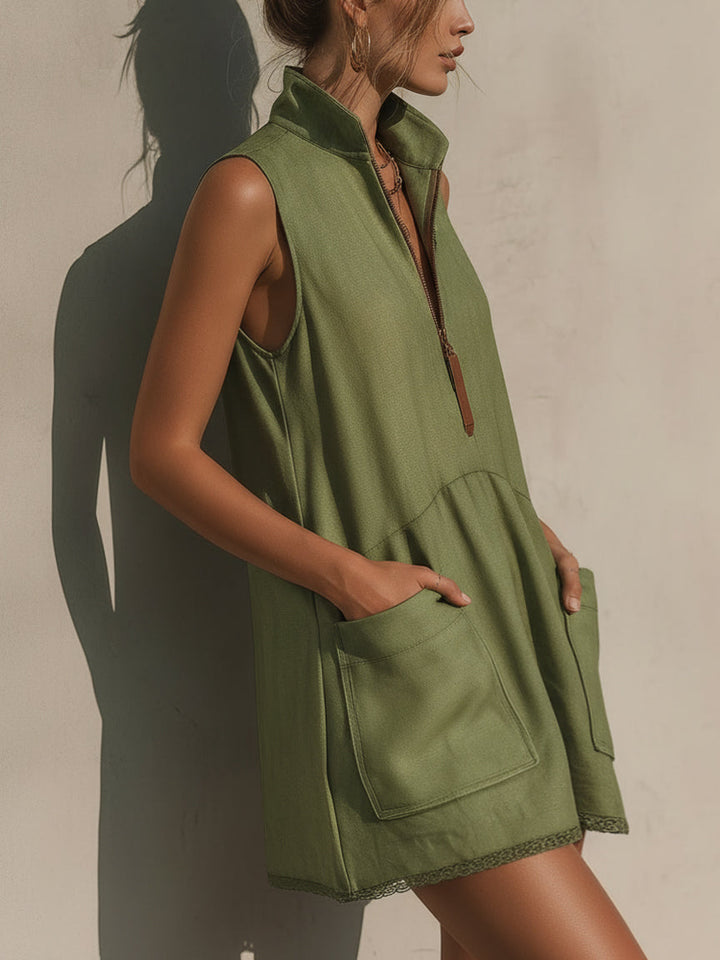 Vestido Mini de Linho com Meio Zíper