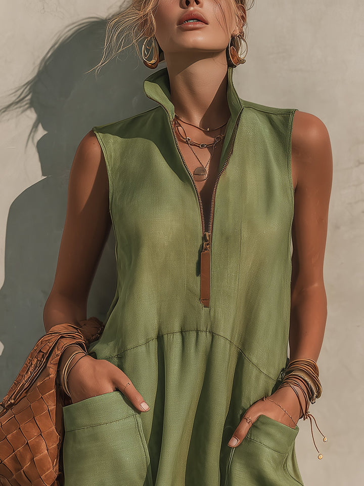 Vestido Mini de Linho com Meio Zíper