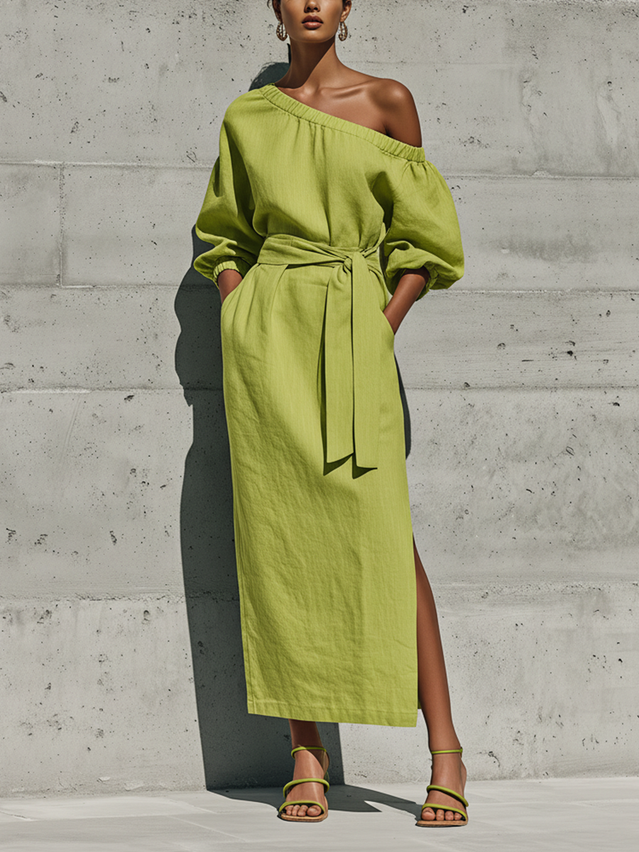 Off-shoulder midi-kjole i hør