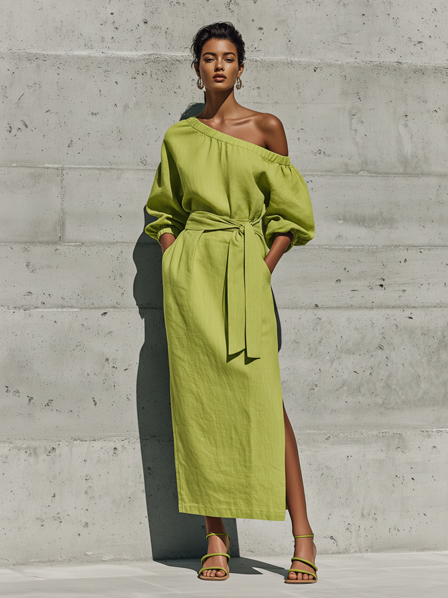 Off-shoulder midi-kjole i hør