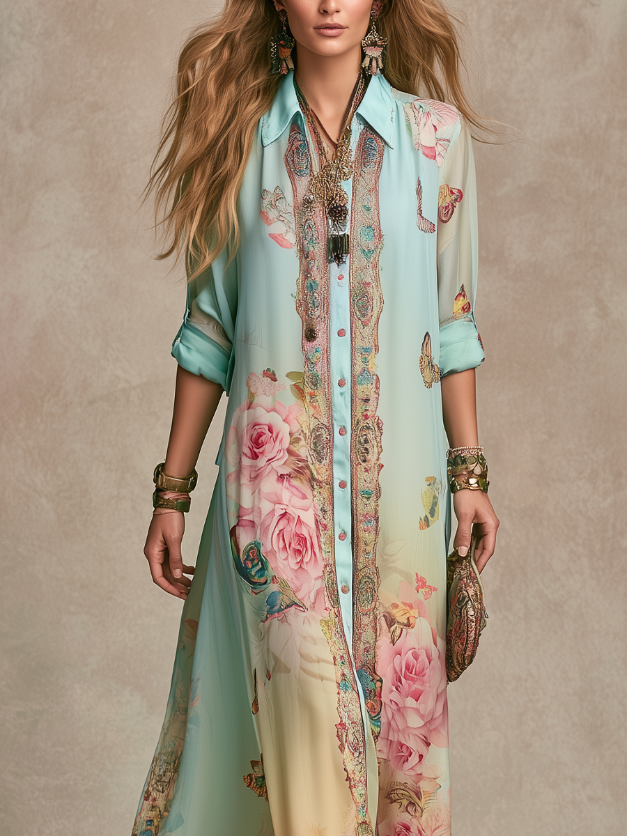Maxikleid aus Chiffon mit barockem Blumenmuster