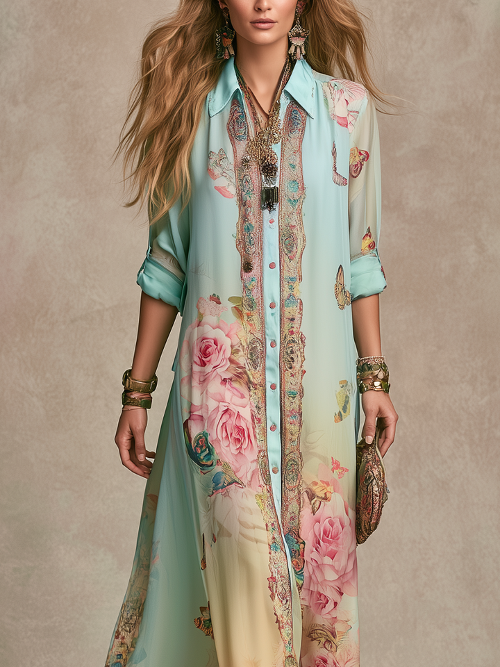 Maxikleid aus Chiffon mit barockem Blumenmuster