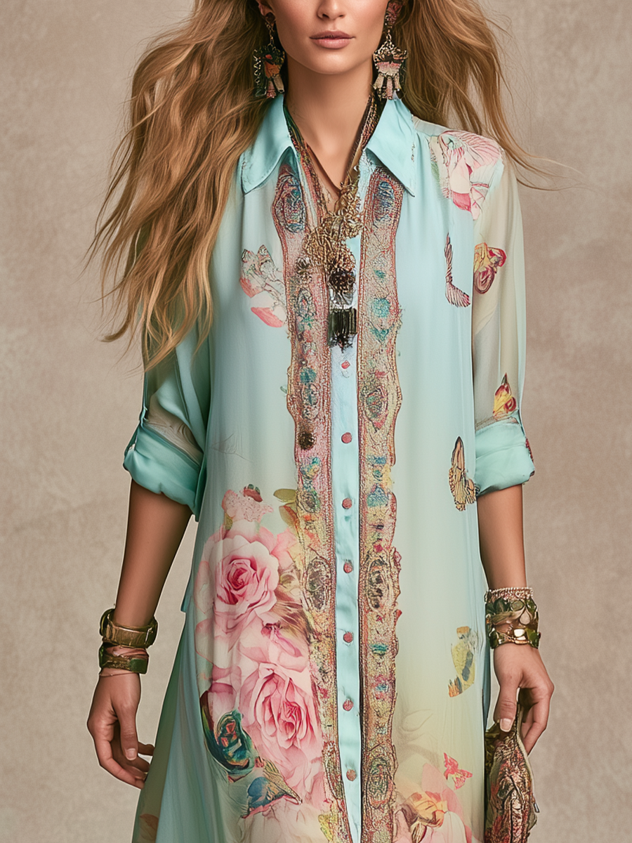 Maxikleid aus Chiffon mit barockem Blumenmuster