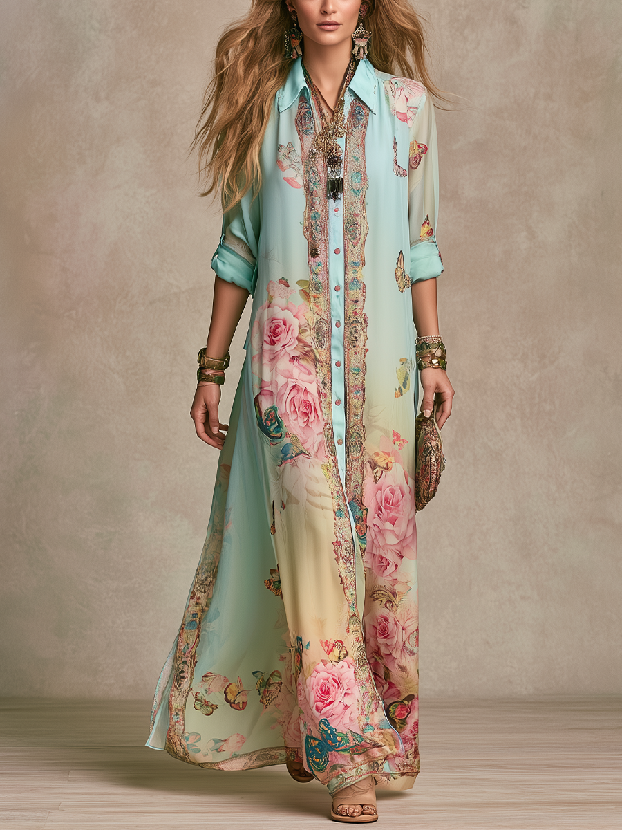 Maxikleid aus Chiffon mit barockem Blumenmuster