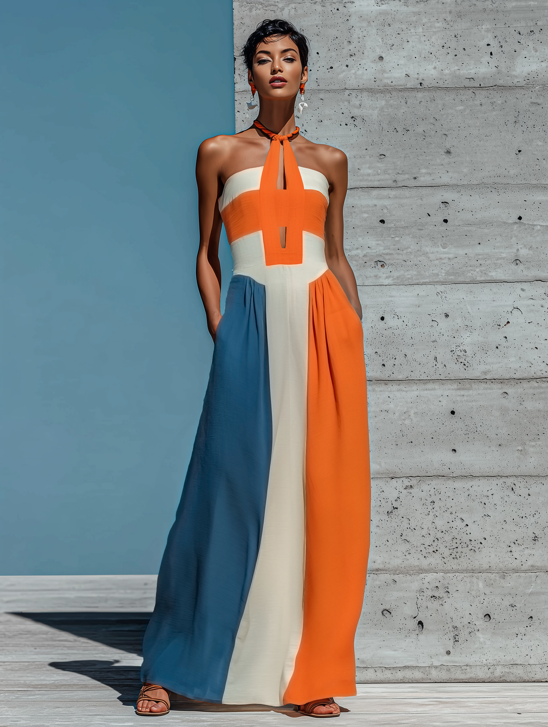 Colorblock halterneck plisseret maxikjole