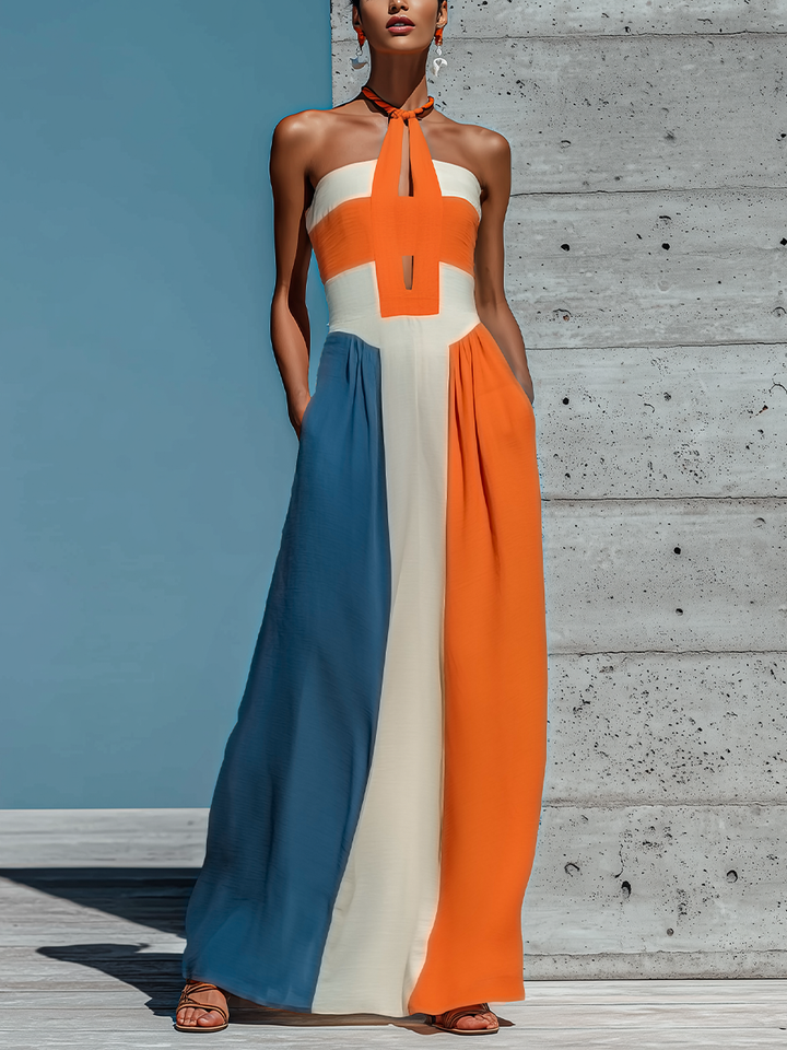 Colorblock halterneck plisseret maxikjole