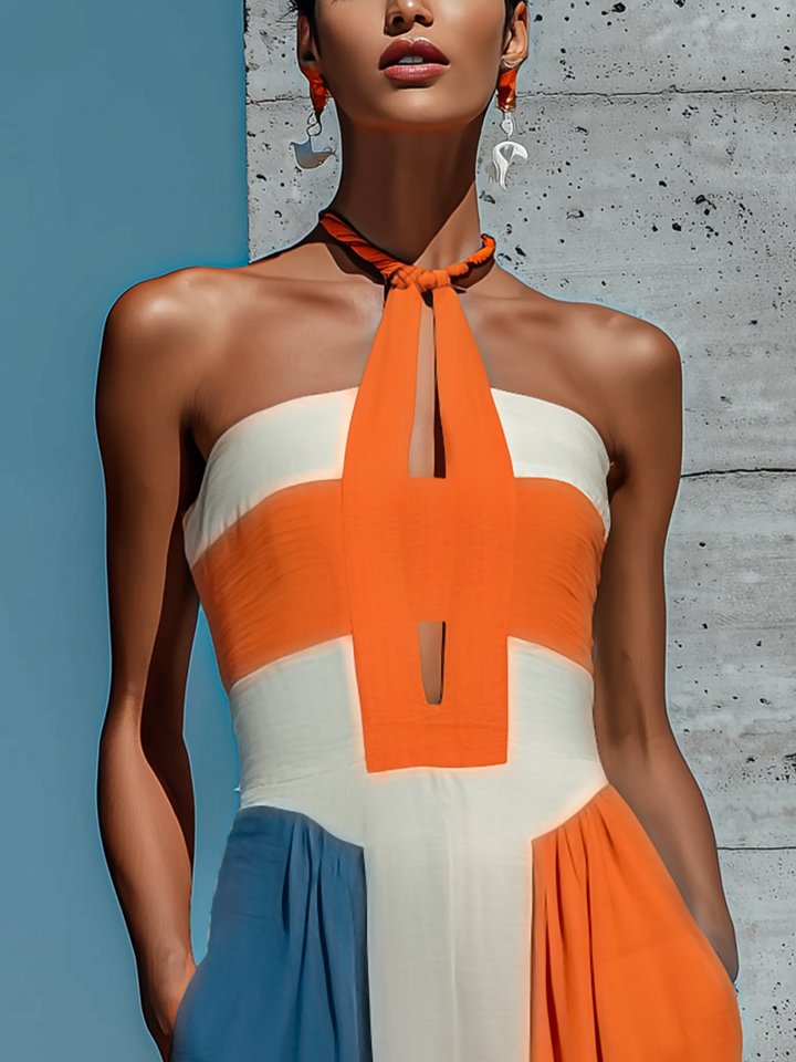Colorblock halterneck plisseret maxikjole