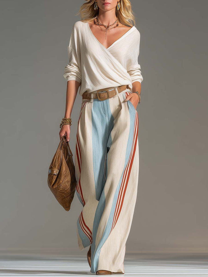 Ensemble rétro rayé à surplis et pantalon large