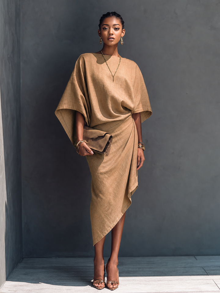 Rochie midi minimalistă, asimetrică, cu drapaj