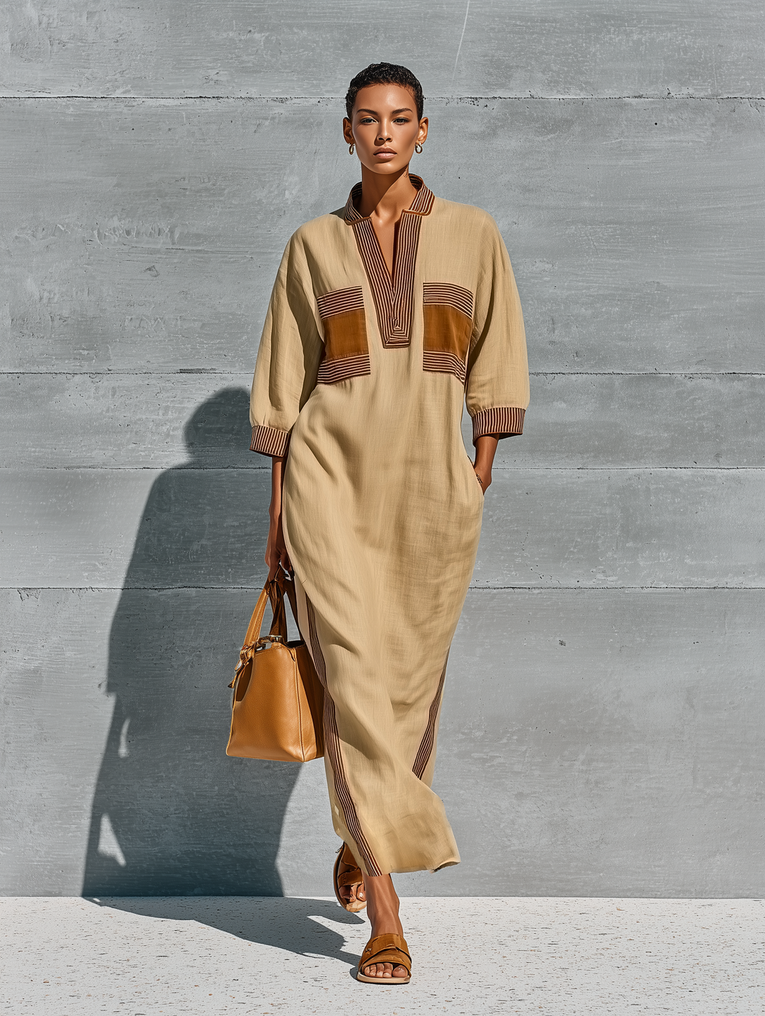 فستان ماكسي كفتان نسائي بلون بيج من مزيج الكتان، بياقة قائمة، نصف فتحة بأزرار، أكمام باتوينغ بأساور، حواف مخططة متباينة، جيب رقعة، وشق جانبي MDZ0639G8YZJ