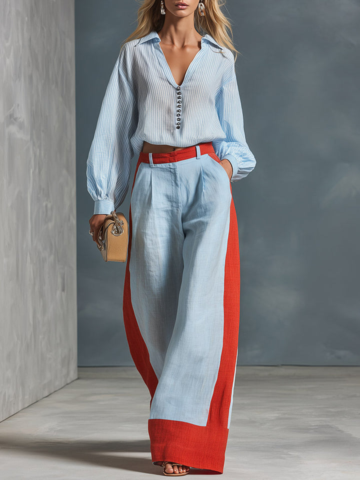 Ensemble chemise rayée et pantalon à empiècements colorés