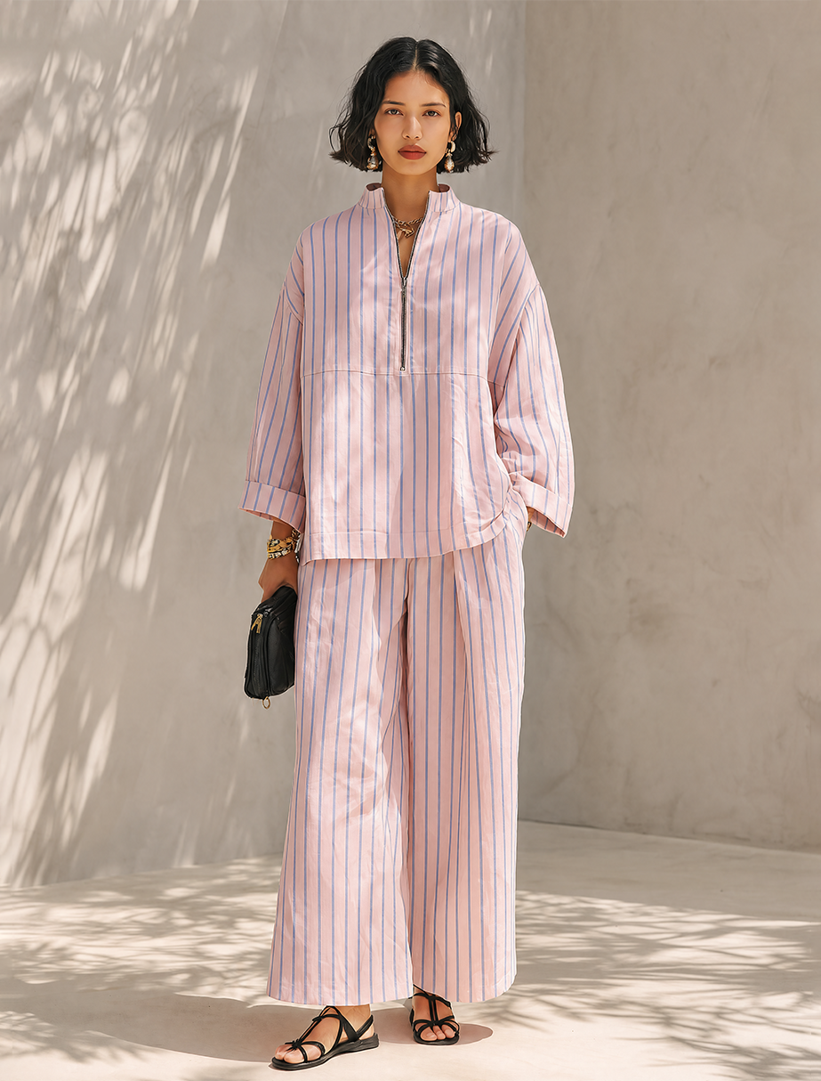 Striped Half-Zip Wide-Leg Set