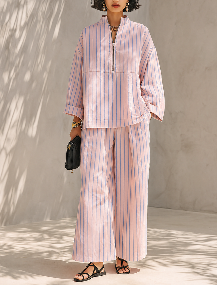 Striped Half-Zip Wide-Leg Set