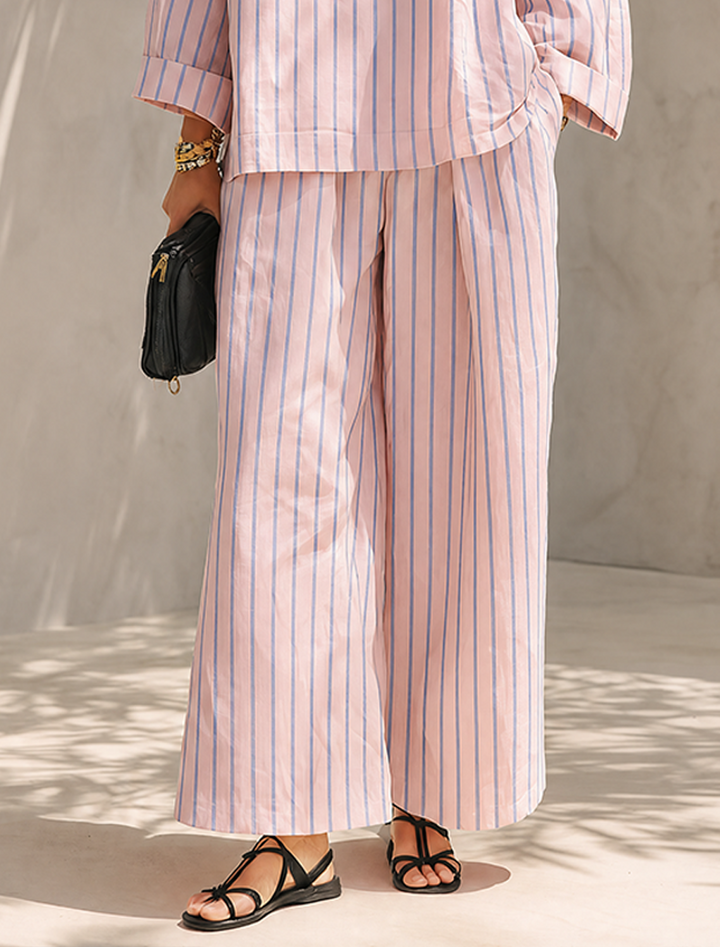 Striped Half-Zip Wide-Leg Set
