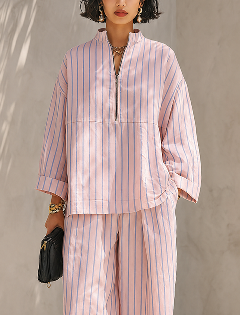 Striped Half-Zip Wide-Leg Set