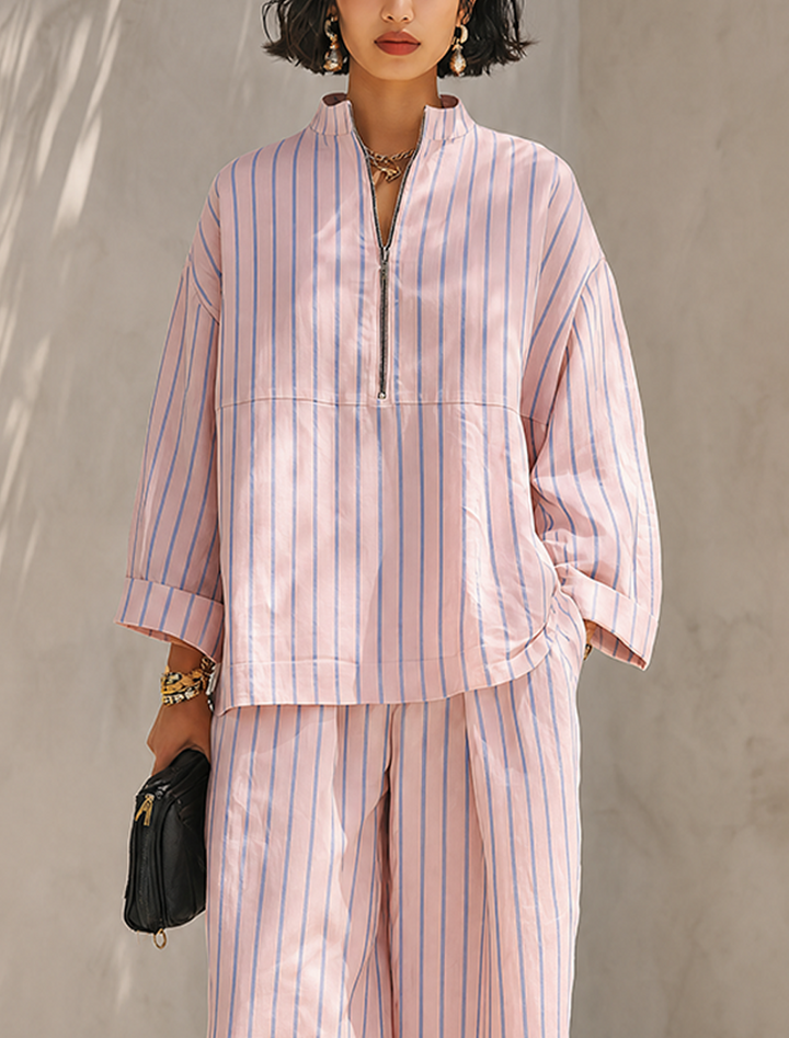 Striped Half-Zip Wide-Leg Set