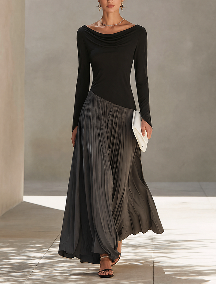 Vestido maxi drapeado com blocos de cor