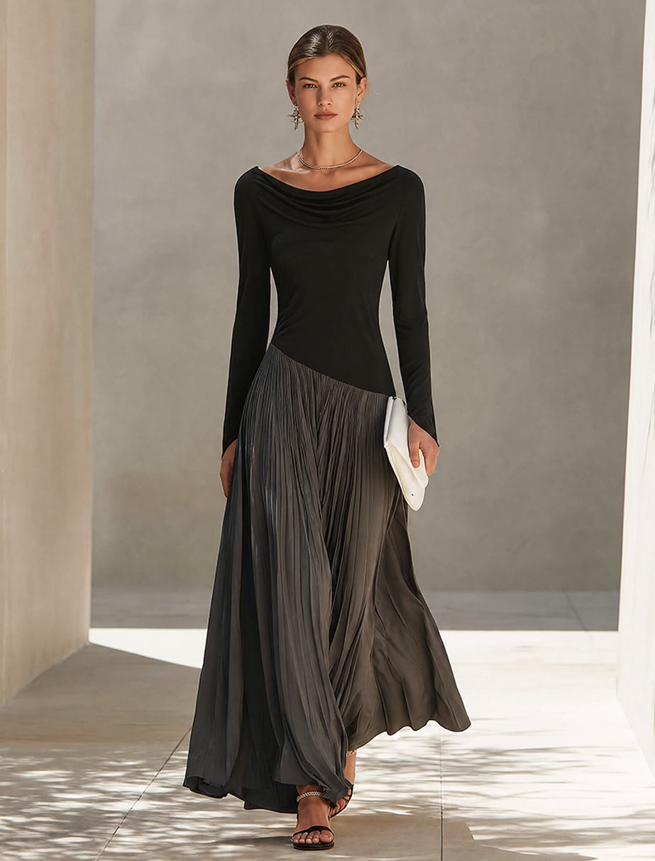 Vestido maxi drapeado com blocos de cor