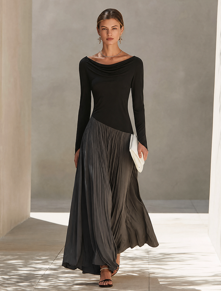 Vestido maxi drapeado com blocos de cor