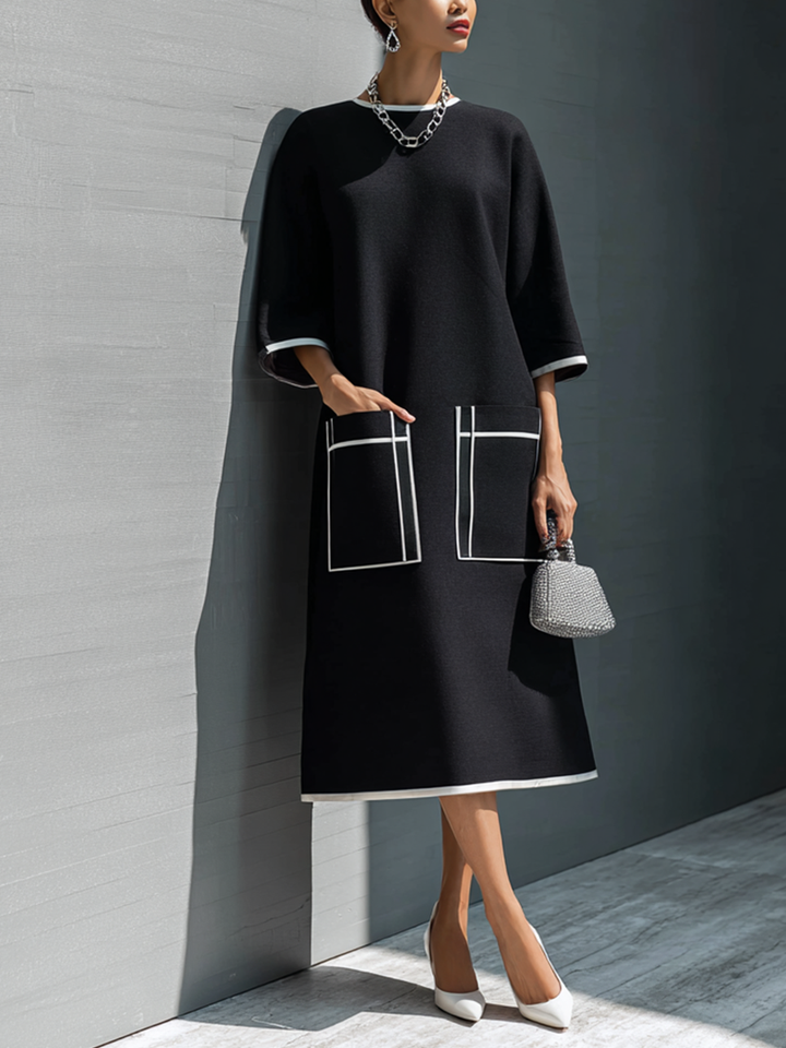 Robe midi à poches avec surpiqûres contrastantes