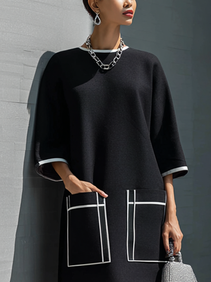 Robe midi à poches avec surpiqûres contrastantes