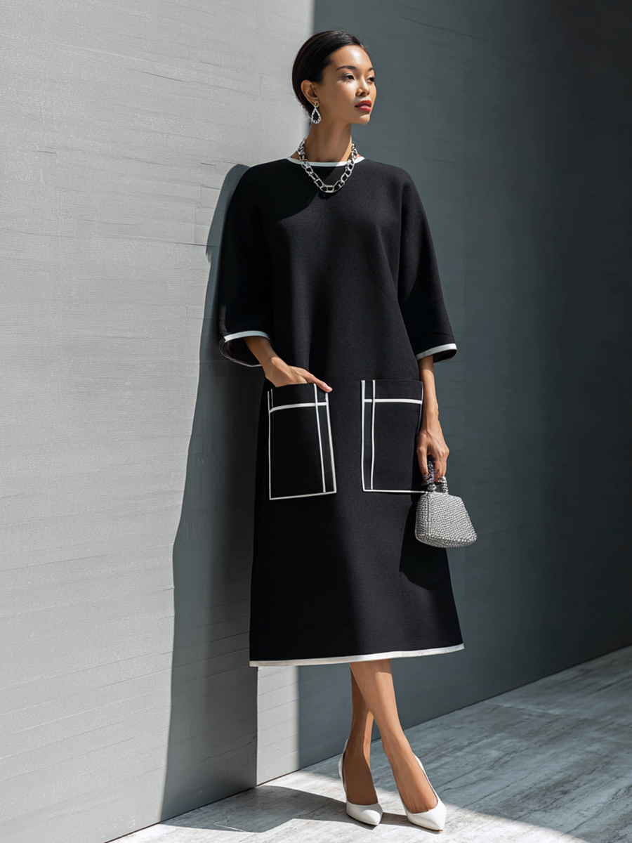 Robe midi à poches avec surpiqûres contrastantes