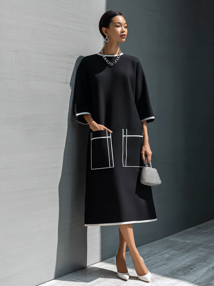 Robe midi à poches avec surpiqûres contrastantes