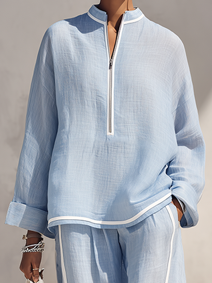 Relaxed Half-Zip Wide-Leg Set