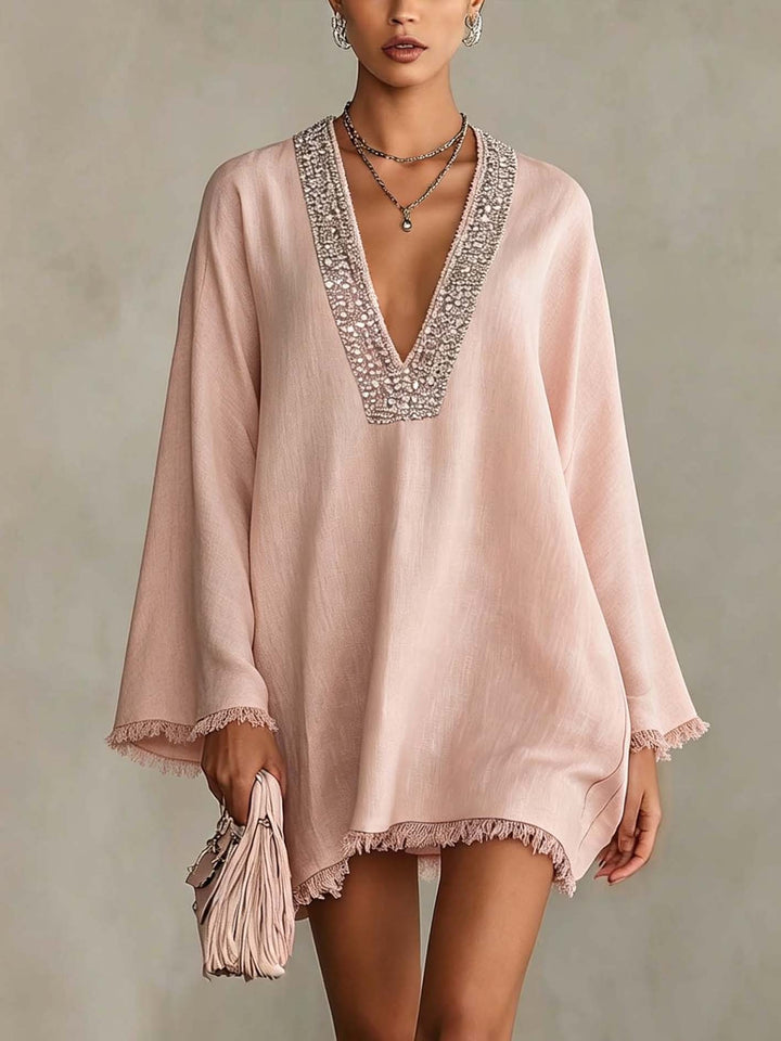 Mini-robe à franges bohémiennes ornée de strass