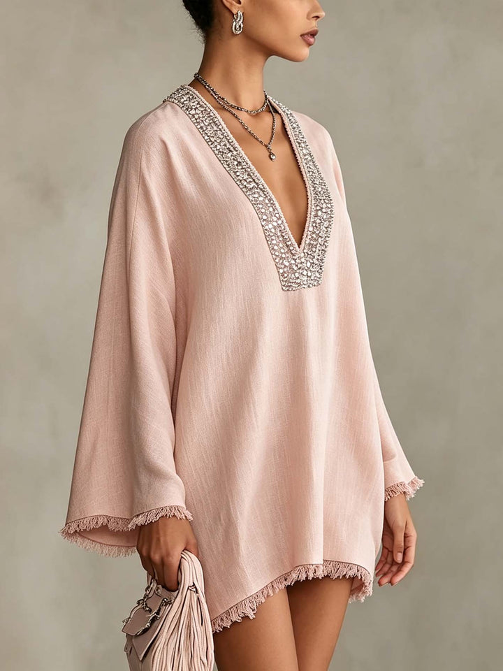 Mini-robe à franges bohémiennes ornée de strass