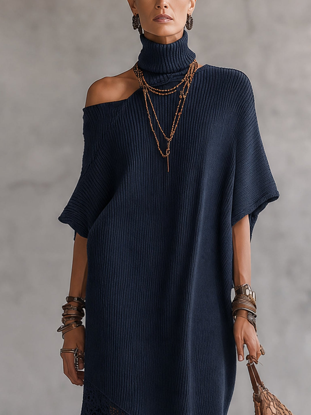 Vestido maxi assimétrico de ombro descoberto