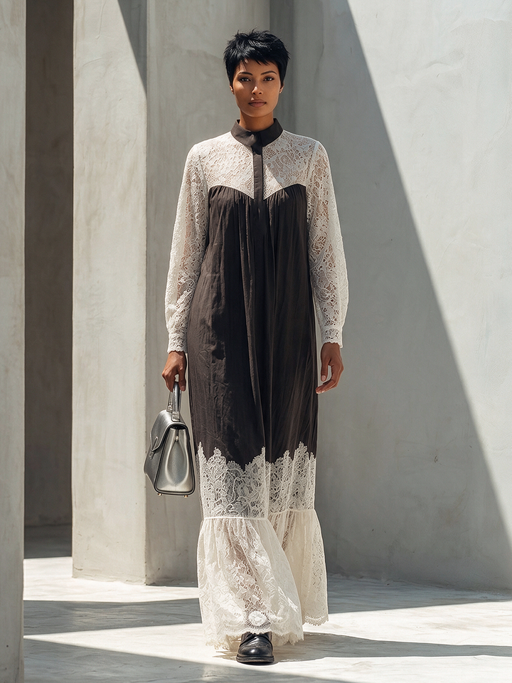 Lace Panel Stand-Collar Maxi Dress