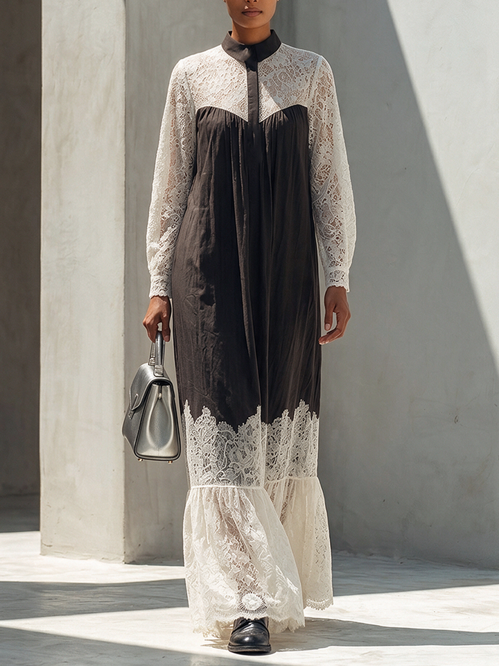 Lace Panel Stand-Collar Maxi Dress