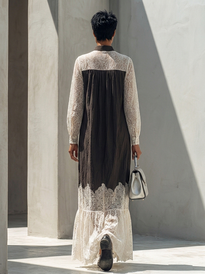 Lace Panel Stand-Collar Maxi Dress