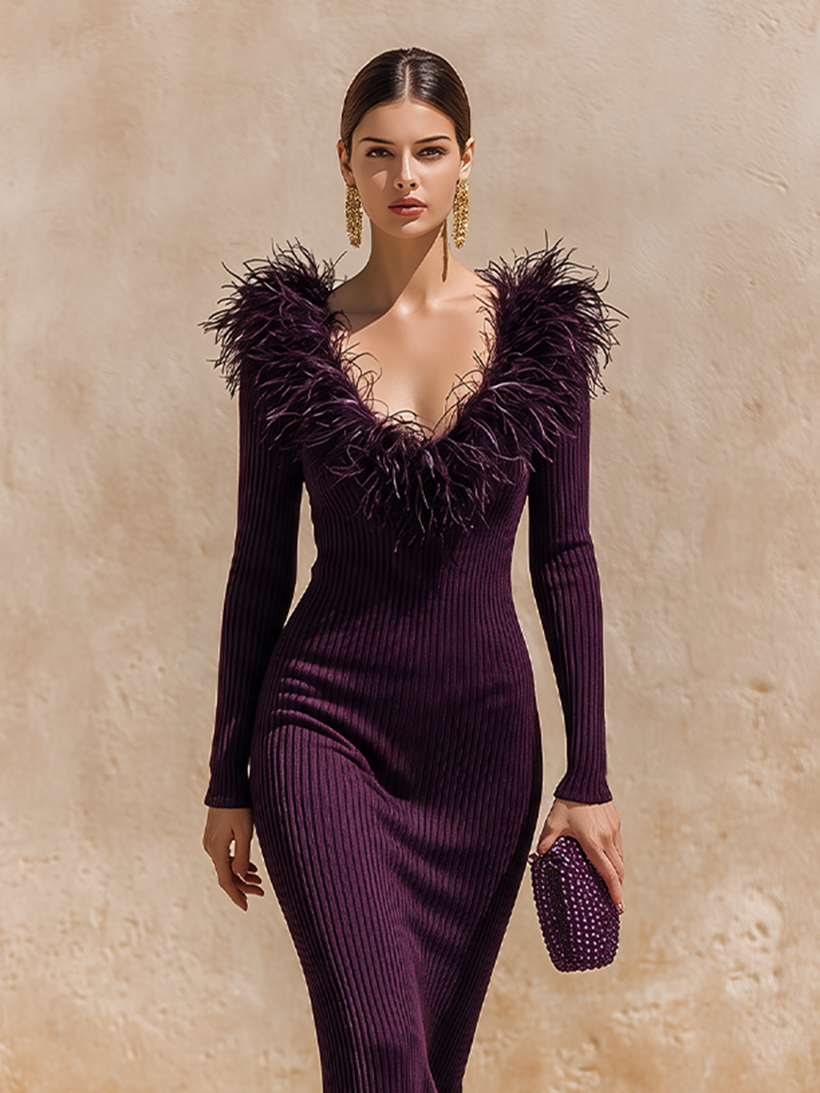 Feather-Trim V-Neck Maxi Dress