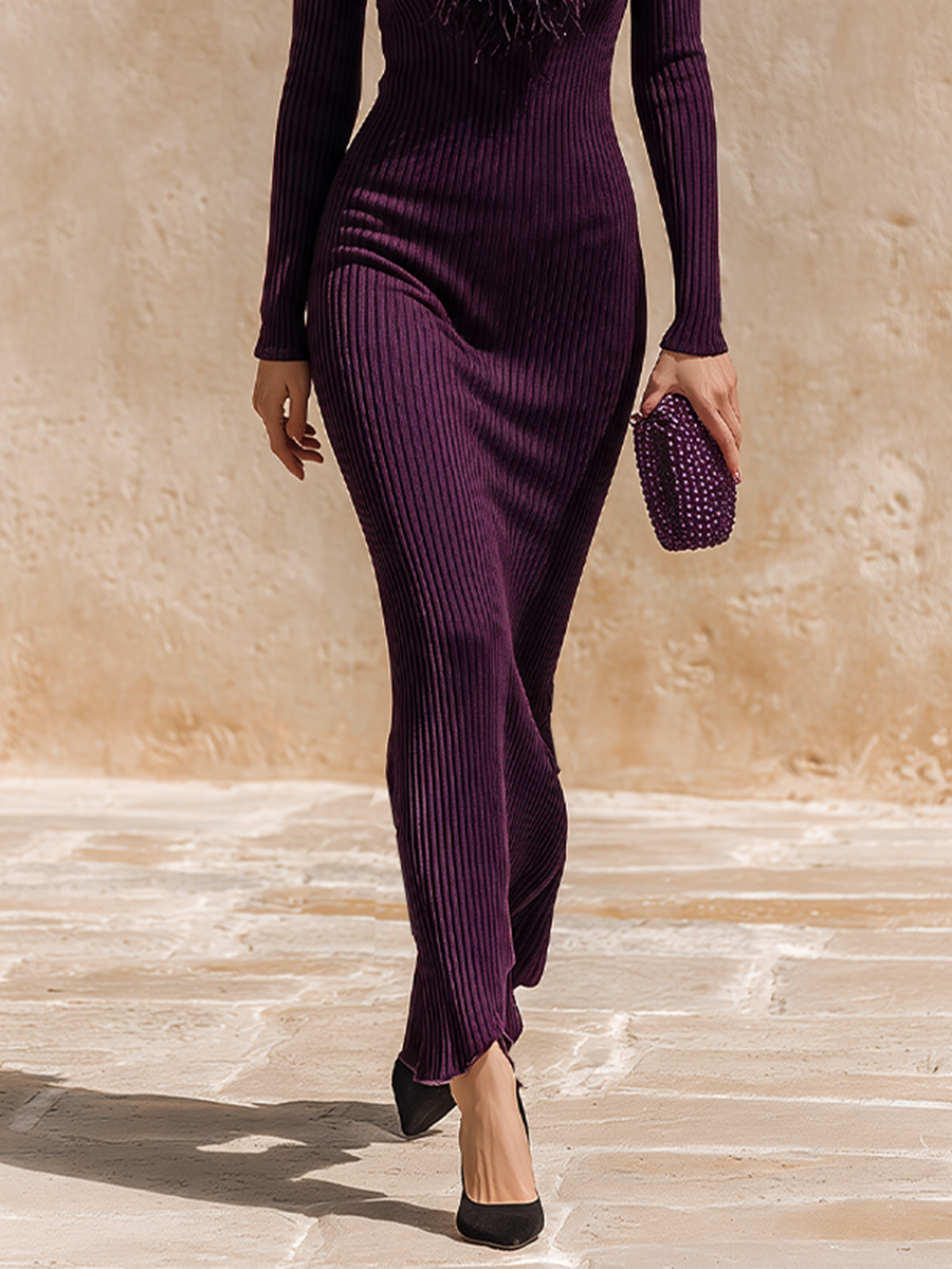 Feather-Trim V-Neck Maxi Dress