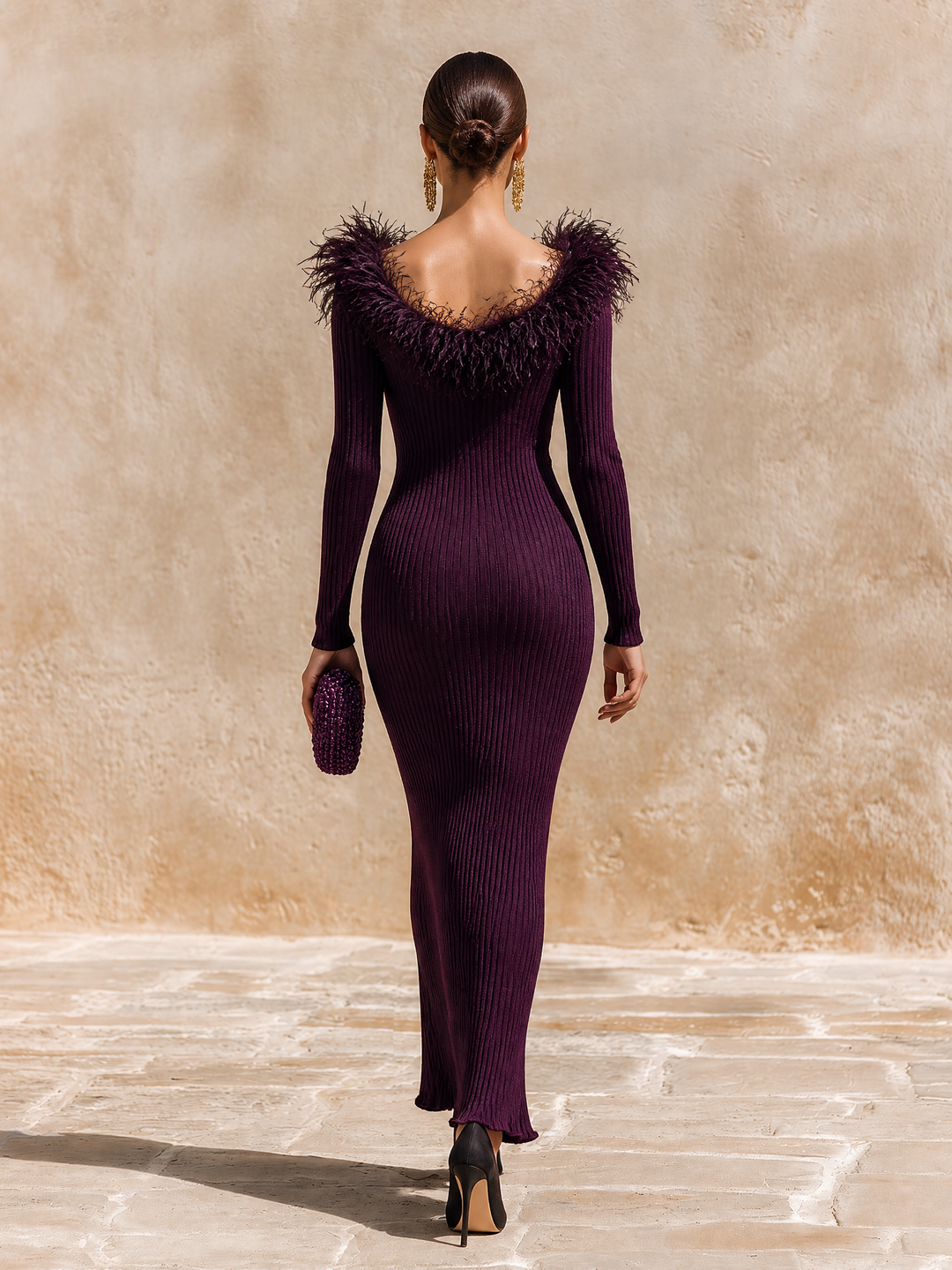 Feather-Trim V-Neck Maxi Dress