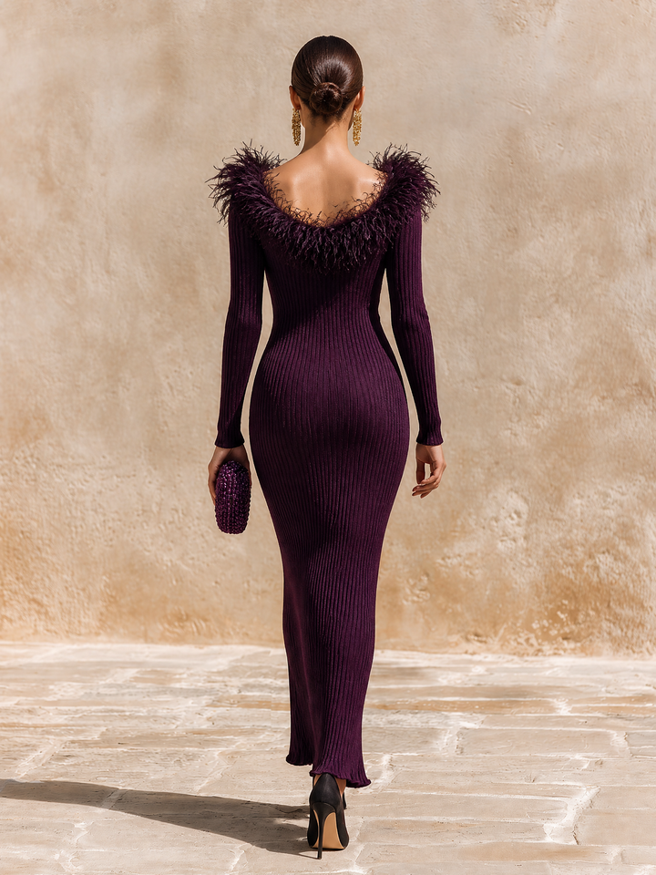 Feather-Trim V-Neck Maxi Dress