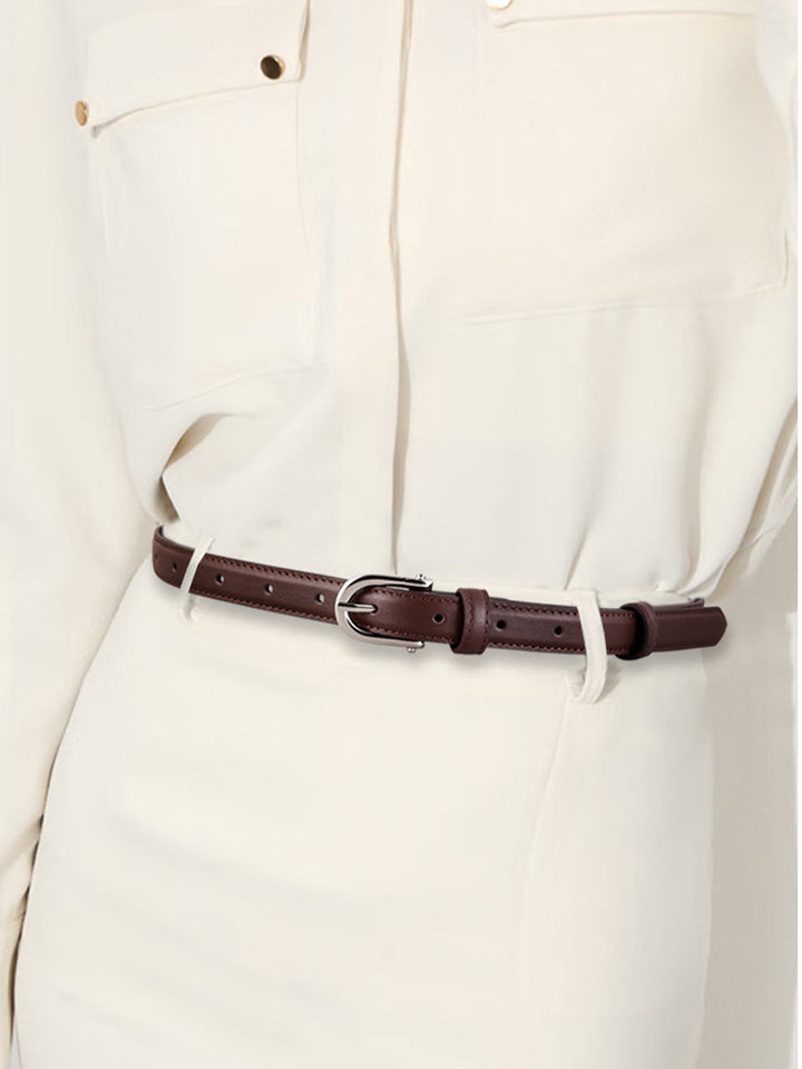 Dámský hnědý klasický opasek z umělé kůže se zlatou přezkou