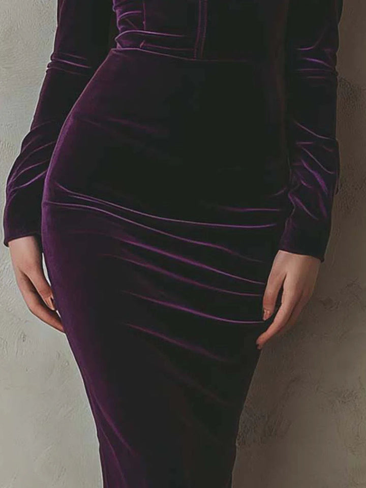 Elegant purple velvet slim-fit long-sleeved midi dress