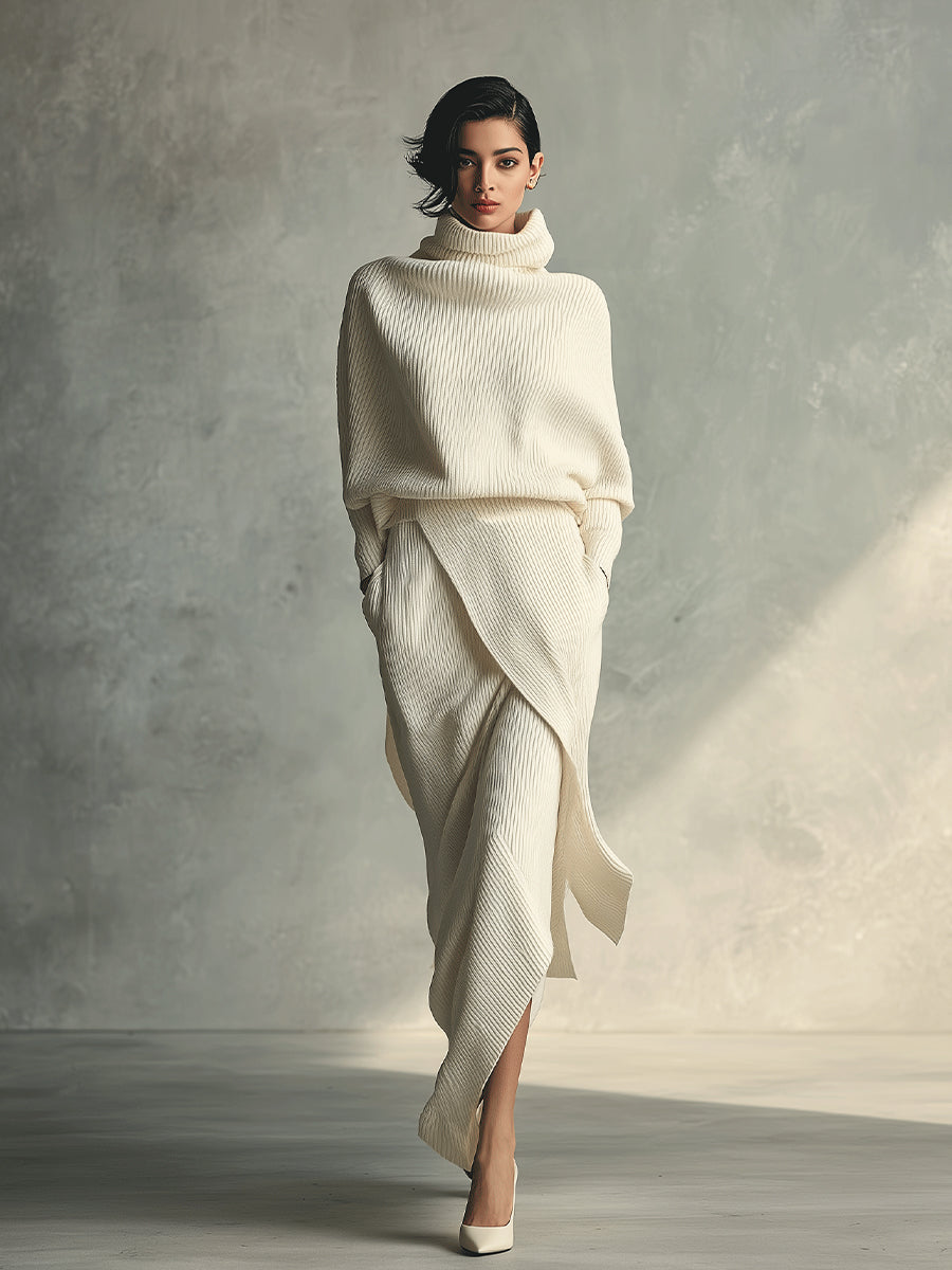 Women's Cream Elegant Rib - Knit Cowl Neck Wrap Skirt Set