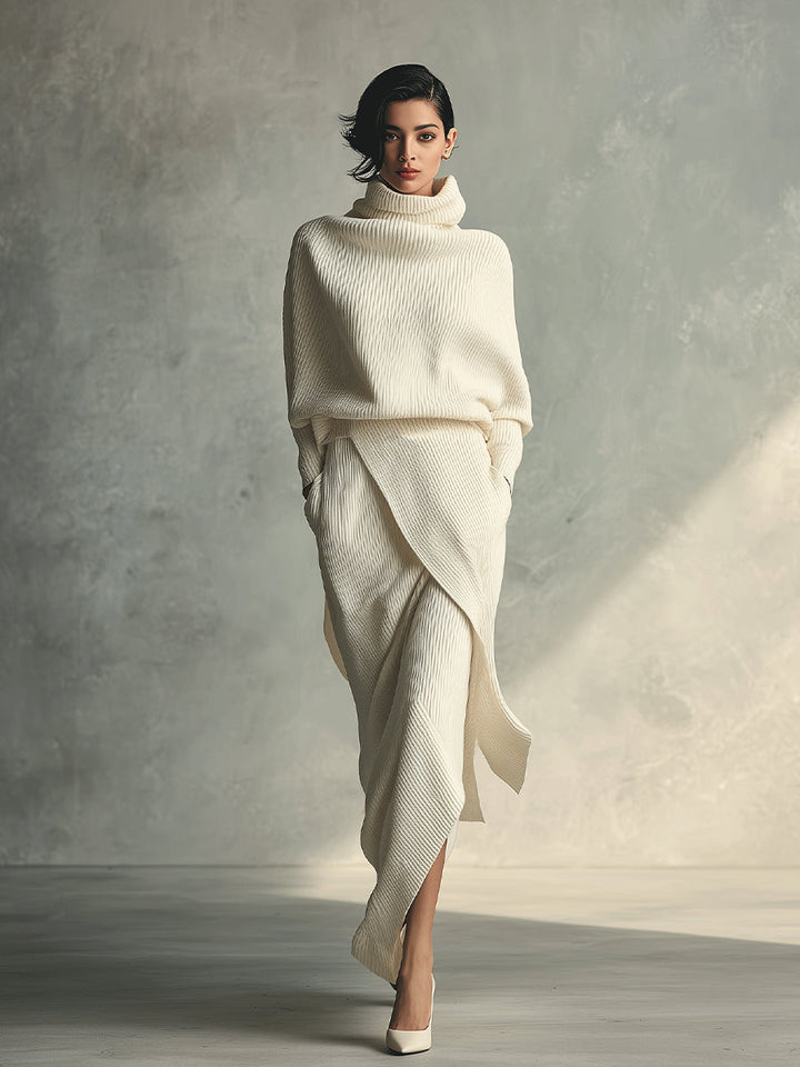 Women's Cream Elegant Rib - Knit Cowl Neck Wrap Skirt Set