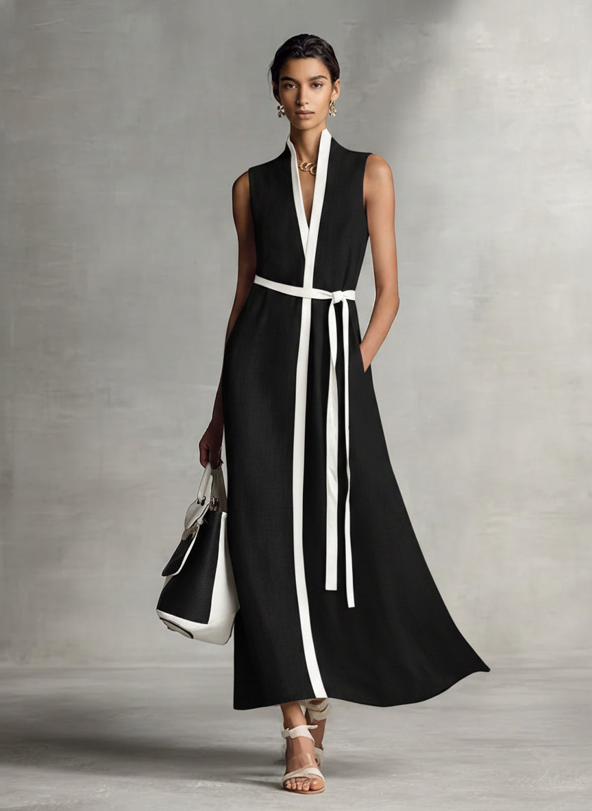Sleeveless V-Neck Tie-Waist Cotton Linen Maxi Dress